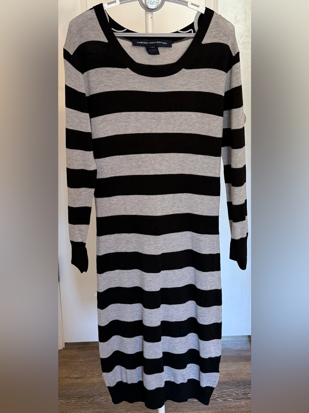 French Connection Black Gray Striped Long Sleeve Sweater Dress Mini (4)